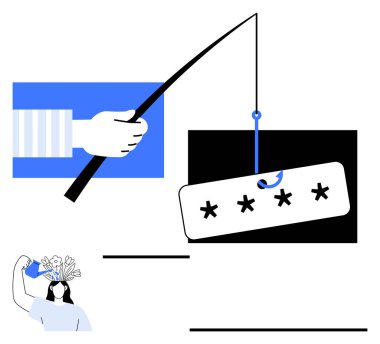 Balıkçı oltası ve kancalı parola ile şifre çalma girişimi, çiçek açan kafa yaratıcılığı gösteriyor. Siber güvenlik, uyanıklık, farkındalık, hackleme, çevrimiçi güvenlik, risk, soyut