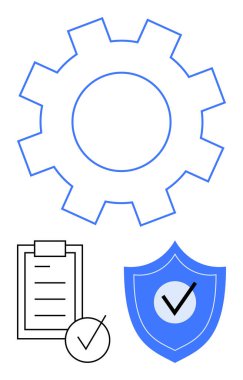 İşlem için vites sembolü, işaretli kontrol listesi ve işaretli kalkan verimliliği, standartları ve korumayı ifade ediyor. İş akışı, uyum, güvenlik, teknoloji ve soyut çizgi için ideal