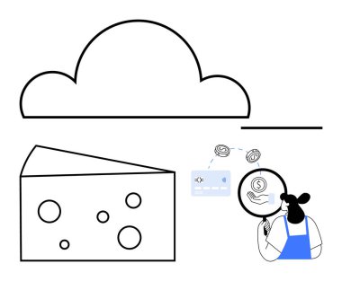 Bulut sembolü, peynir dilimi, büyüteç ve kredi kartı olan biri. Finans, çevrimiçi ödemeler, fintech, ekonomi, dijital bankacılık, piyasa analizi, soyut hat hesaplama için ideal