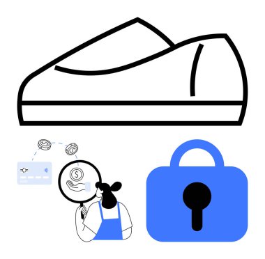 Büyük ayakkabı izi, elinde dolar işareti olan büyüteç tutan bir kadın para birimi sembollü kredi kartı, mavi asma kilit. E-ticaret, güvenlik, çevrimiçi alışveriş, dijital ödemeler, mali