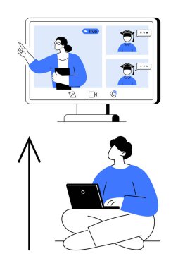 Bilgisayarlı öğrenci dersi dikkatlice takip ederken öğretmen ekranda konferans veriyor. Eğitim, sanal öğrenme, e-öğrenme, çevrimiçi kurslar, uzak çalışma, web, v10 seminerleri için ideal