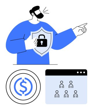 Güvenlik, para birimi simgesi ve kullanıcı arayüzünü temsil eden bir adam elinde tutuyor. Siber güvenlik, finans, takım çalışması, veri koruması, çevrimiçi güvenlik, dijital ekonomi soyut düz metafor için ideal