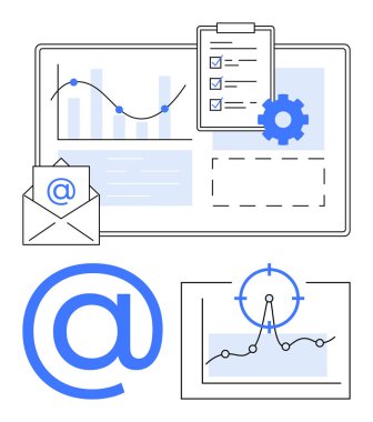 Grafikler, kontrol listesi, teçhizat, e-posta ikonu ve pazarlamayı, analitiği, stratejiyi, verimliliği vurgulayan büyüme grafiği. İş planlaması için ideal e-posta kampanyaları veri görselleştirme iş akışı projesi