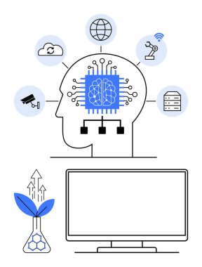 Yapay zeka çipli insan kafası, bilgisayar simgeleri, robot kol, bulut ve siber güvenlik elementleri. Teknolojik yenilik için ideal, yapay zeka araştırması, robot otomasyonu, bulut hesaplama siber güvenlik biyoteknolojisi