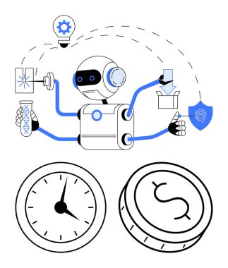 Çoklu silah yöneten robot parmak izi taraması, zaman, para, dişli, kutu, kalkan ve kontrol paneli. Otomasyon için ideal, yenilik yapay zeka robotik zaman yönetimi finansman güvenliği