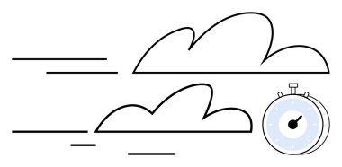 Bulutlar kronometreyle hızlı hareket ediyor. Hızlı ilerlemeyi, verimliliği ve zaman takibini simgeliyor. Üretkenlik, teslim tarihleri, aciliyet, planlama, hız, optimizasyon konuları için ideal soyut çizgi