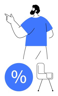 Yüzdelik işareti ve modern bir sandalye eşliğinde bireysel olarak yukarıya bakıyor. İş, finans, toplantılar, sunumlar, ofis kavramları, büyüyen profesyonel tartışmalar için idealdir. Minimalist