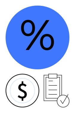 Yüzdelik işaretli büyük mavi daire, siyah dolar bozuk para, işaretli pano. Finans, bankacılık, bütçe, kredi, yatırım vergisi istatistikleri için ideal. Soyut çizgi düz metafor