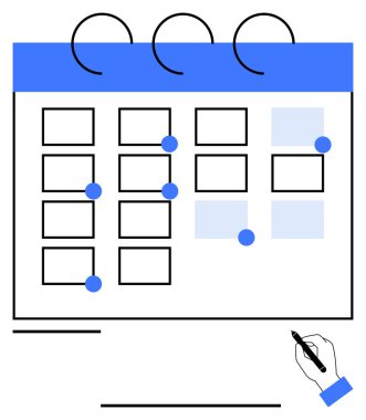 Takvim ızgarası noktalı planlanmış olayları, el işaretleme ayrıntılarını vurgular. Zamanlama, verimlilik, zaman yönetimi, planlama, organizasyon araçları, iş akışı, soyut çizgi düz metaforu için ideal