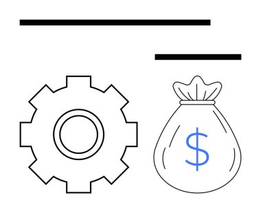 Dolar işaretli vites ve para çantası finansal büyüme, verimlilik ve kaynak yönetimi kavramlarını iletir. Finans, bütçe planlaması, işlemler, sermaye, yatırım, tasarruf soyut