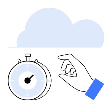 Mavi bulutun altında minimalist el kol saati hareketi. Zaman yönetimi, bulut hesaplama, verimlilik, üretkenlik, dijital depolama, teknolojik çözümler, soyut düz metafor için ideal