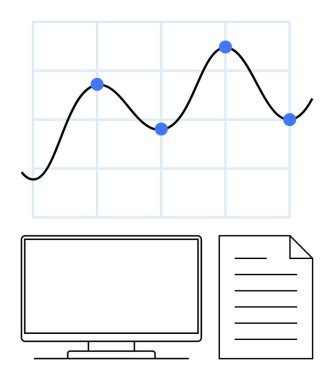 Mavi noktalı grafikler, bilgisayar monitörü ve belge. İş, finans, veri analizi, sunumlar, teknoloji eğitimi ve proje yönetimi için ideal. Satır metaforu