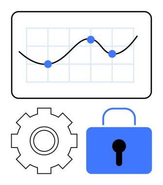 Veri noktaları, vites simgesi ve asma kilit sembollü çizgi grafiği analitik, otomasyon ve siber güvenliği gösteriyor. Teknoloji, iş, veri, güvenlik yenilik sistemleri için ideal düz çizgi