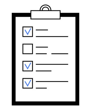 Dört görev listesinin olduğu pano, üçü mavi işaretli, biri işaretlenmemiş. Üretkenlik, organizasyon, görev yönetimi, planlama, yapılacaklar listesi, hedef izleme, hatırlatmalar için idealdir. İniş sayfası