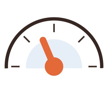 Yarı dairesel ölçü, siyah çizgiler ve orta pozisyonda turuncu işaret. Performans, ölçüm, ilerleme, hız, izleme, seviye, değerlendirme için ideal. Düz renk simgesi