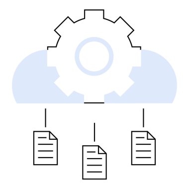 Üstte birleşik teçhizatlı bulut, aşağıda birbirine bağlı üç belge, mavi aksanlı. Bulut teknolojisi, veri depolama, dijital çözümler, teknoloji hizmetleri, bulut sunucu, belge yönetimi için ideal