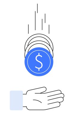 Üzerinde dolar sembolü olan mavi para açık bir ele düşer. Finans, para birimi işlemleri, yatırım, tasarruf, iş büyümesi, finans hizmetleri, ekonomik eğilimler için ideal. İniş sayfası