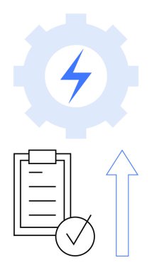 Yıldırımlı vites, işaretli kontrol listesi ve yukarı doğru ok performans artışı, verimlilik, yenilik ve büyümeyi gözünde canlandır. İlerleme için ideal, hedefler, enerji optimizasyonu soyut