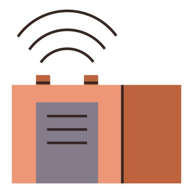 Dikdörtgen tasarımlı radyo, hoparlörler ve kablosuz sinyaller iletişim ve nostalji gösteriyor. Teknoloji, medya, yayın, ses, müzik, klasik titreşimler minimalizm için idealdir. Basit düz