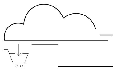 El arabası ve oklu minimalist bulut e-ticarete geçiş veya indirme gösteriyor. Teknoloji, veri depolama, çevrimiçi alışveriş, bulut hesaplama, dijital işlemler, pazarlama, soyut çizgi