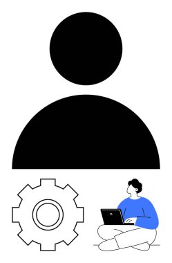 Geniş kullanıcı simgesi, teçhizat temsil ayarları, kişiselleştirmeyi, dijital etkileşimi ve kurulumu sembolize eden bir dizüstü bilgisayarla oturan birey. Kullanıcı yönetimi, profiller, sistem ayarları için ideal