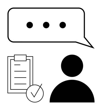 Basitleştirilmiş kişi simgesi, işaretli listele, ve elipsli konuşma balonu. Takım çalışması, iletişim, görev takibi, planlama, geri bildirim, üretkenlik soyut çizgisi düz metaforu için ideal