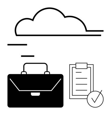 Bulut elemanı, evrak çantası, işaretli kontrol listesi. Dijital depolama, görev yönetimi, üretkenlik, iş planlaması, iş akışı, uzak çalışma hattı düz metaforu için ideal