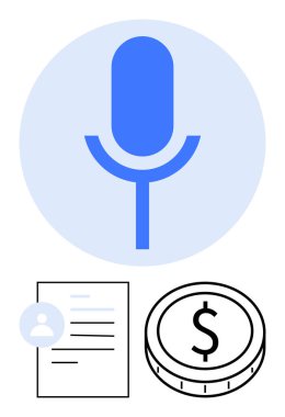 Ses kaydını temsil eden mavi mikrofon, kullanıcı profili ikonlu kişisel belge ve dolar parası. Finans, iletişim, serbest ticaret, teknoloji, sözleşmeler, ödemeler için ideal
