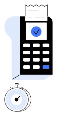 Fatura ve kronometre ile ödeme terminali hız ve verimliliği vurguluyor. Finans, perakende, teknoloji, otomasyon, zaman yönetimi, e-ticaret, soyut düz metafor için ideal