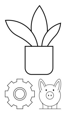 Bir saksı bitkisinin minimalist çizgisi sanatı, bir dişli ve büyümeyi, ilerlemeyi ve finansal tasarrufu simgeleyen bir kumbara. Finans, sürdürülebilirlik, yenilik ve teknoloji sektörü stratejisi için ideal