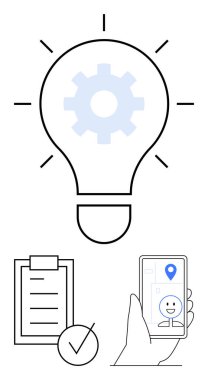 Yenilik için teçhizatlı ampul, verimlilik için işaretli kontrol listesi, yer belirleme için el ele tutuşan telefon. Fikirler, iş akışı, teknoloji, uygulamalar, hedefler, çözümler için ideal düz çizgi metaforu