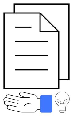 Evraklar, mavi manşetli yatay el, ampul. Konsept üretimi için ideal, takım çalışması, bilgi paylaşımı, yenilik, beyin fırtınası iş akışı. Satır metaforu