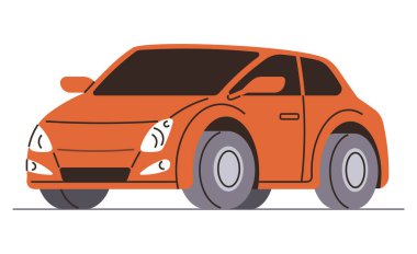 Pürüzsüz farları ve geniş lastikleri olan turuncu renkli bir araba. Ulaşım, otomotiv tasarımı, teknoloji, seyahat, şehir yaşamı, sürdürülebilirlik ve yenilik temaları için ideal. Düz renk simgesi