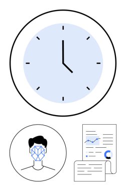 Büyük saat yüzlü, yüz tanıma sistemli kafa, analitik belge sayfaları. Güvenlik, programlama, yapay zeka, üretkenlik, veri, yenilik için ideal düz çizgi metaforu