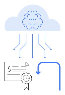 Beyni olan bulut, aşağıya doğru uzanan veri bağlantıları. Para belgesi, sertifika kurdele ikonu ve bir ok. IT, yapay zeka, bulut depolama ve sertifika verileri için ideal