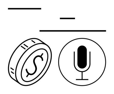 Dolar işareti ve soyut çizgilerle çevrili mikrofonlu sikke. Finans, teknik yenilik, dijital ekonomi, ses kontrolü, fintech, otomasyon, soyut düz metafor için ideal