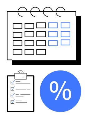 Tarihli takvim, listeli pano ve yüzde sembolü. Zaman yönetimi, verimlilik, programlama, planlama, görev tamamlama verimliliği organizasyonu için ideal. Siyah ve mavi soyut
