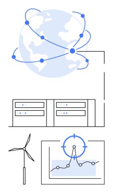 Birbirine bağlı düğümleri, veri merkezleri, rüzgar türbini ve analitik gösterge paneli olan bir dünya. Küresel ağlar, veri analizi, bulut hesaplaması, yenilenebilir enerji, sürdürülebilirlik teknolojisi yeniliği için ideal