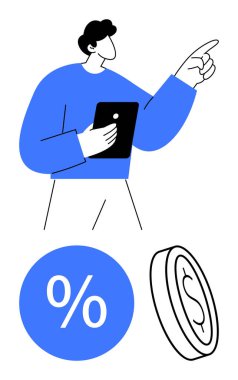 Tableti yukarı doğru tutarken yanında bir dolar işareti ve yüzde sembolü olan bir bozuk para tutan kişi. Finans, yatırım, büyüme, iş stratejisi, ekonomik başarı ve kâr için ideal