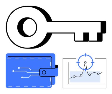 Anahtar erişimi simgeler, devreli dijital cüzdan güvenli işlemleri gösterir ve analitik grafik veri takibini gösterir. Fintech, siber güvenlik, teknoloji, finans ve analitik için ideal
