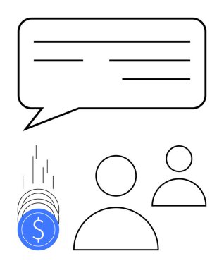 Yazılı diyalog baloncuğu, iki ana hatlı insanın yanında, madeni paralar düşüyor. Finansal işlemler, iş toplantıları, işbirliği, bütçe, müşteri hizmetleri, iletişim, para