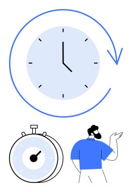 Oklu büyük saat zaman akışını, kronometre hassasiyeti, insan hareketlerini gösterir. Üretkenlik, teslim tarihleri, takım çalışması, verimlilik, hedef belirleme, soyut çizgi planlama için ideal