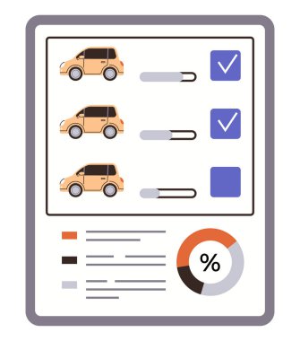 Bireysel seçim çubukları, liste kutuları ve veri analizi sunan bir pasta grafiği ile karşılaştırıldığında üç araba. Karar verme, ürün karşılaştırmaları, analitik, anketler, pazarlama, veri