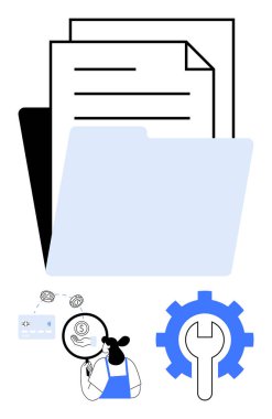 Belgeli klasör, aletler için ekipman, banka kartıyla mali işlemleri analiz eden danışman. Mali kayıtlar, organizasyon, teknik destek, veri yönetimi, bankacılık, teknik