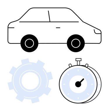 Araba silueti, kronometre ve dişli ikonu hız, zaman yönetimi, mekanik ve endüstriyel süreçleri vurguluyor. Otomasyon, ulaşım, verimlilik ilerlemesi yenilik için ideal modern araçlar