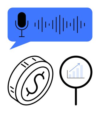 Mikrofon, konuşma balonunda ses dalgası dolar işareti olan bozuk para büyüme grafiğini büyüten büyüteç. Teknoloji, iş eğilimleri, finans, veri, yapay zeka iletişim soyut hattı düz metaforu için ideal