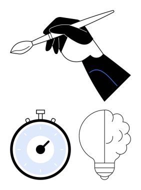 Boya fırçası kronometre beyin ampulü sembolü tutan bir el. Yaratıcılık, sanat, zaman yönetimi, üretkenlik, yenilik, beyin fırtınası, modern çalışma için idealdir. Satır metaforu