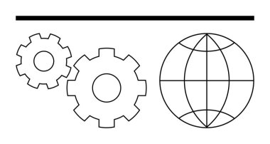 Küresel işlemleri, teknolojiyi ve mühendisliği temsil eden bir dünya sembolünün yanında birbirine kenetlenmiş iki vites. İş için ideal, yenilik, uluslararası işbirliği, imalat, yazılım
