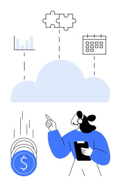 İş kadını pasta grafiğini, bulmaca parçalarını, takvimi ve sikkeleri işaret ediyor. Bulut hesaplama, veri yönetimi, takım çalışması, finans pazarlama ve üretkenlik için ideal. Çizgi