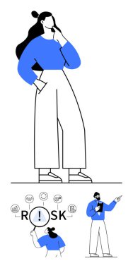 Kadın düşüncesi, erkek sunumu, tehlike konseptini alarm simgeleriyle analiz etme. İş, strateji, planlama, risk yönetimi, karar verme, takım çalışması ve soyut düz metafor için ideal